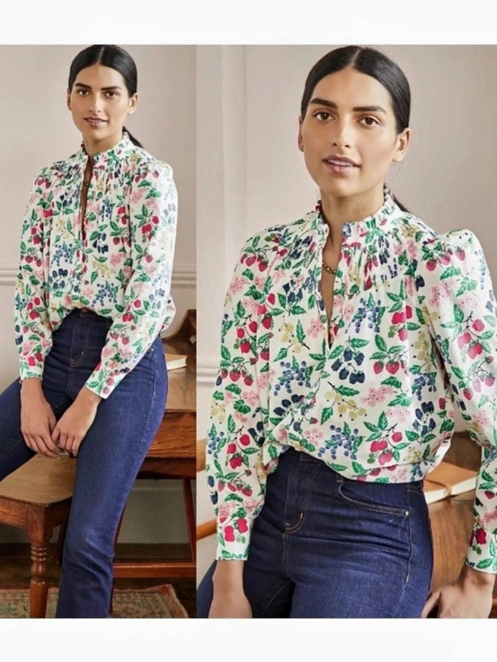 Boden yoke Smocked fruit Neck cotton shirt top blouse 4